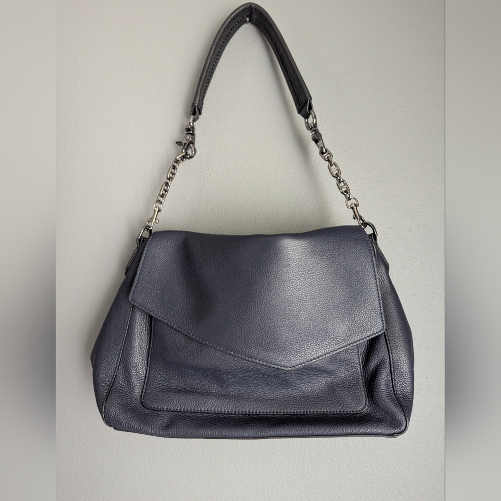 Botkier Blue Leather Shoulder Bag With Adjustable Metal Chain Link Strap.